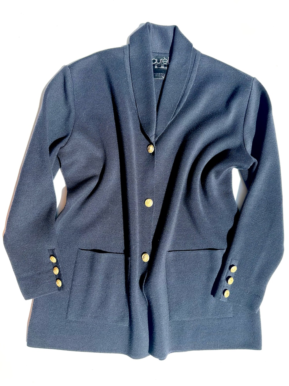 Laurel (Escada) Wool Black Shawl Collar Knit Blazer with Gold Buttons, 44, XL